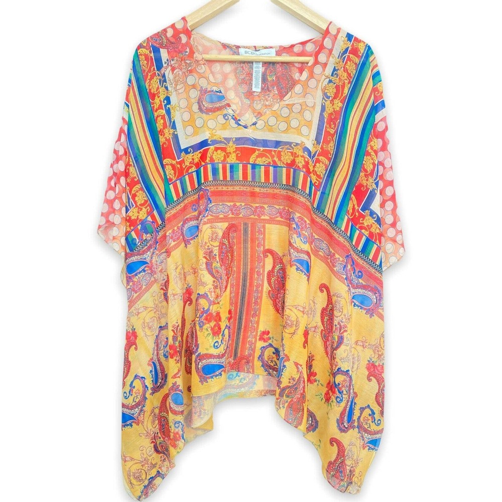 BCBGeration Floral Print Chiffon Top Dolman Sleeve Cover Up Yellow One Size